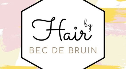 Logo for Hair by Bec de Bruin, a salon in Newtown, Victoria, AU with artistic pastel background.