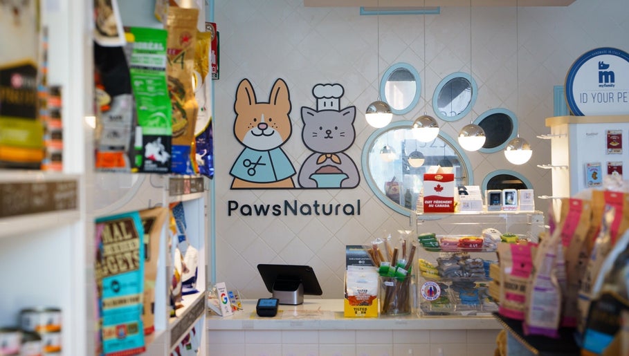 Interior of PawsNatural Pet Store in Toronto, Ontario, CA, showcasing pet products and decor.