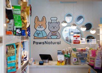 Interior of PawsNatural Pet Store in Toronto, Ontario, CA, showcasing pet products and decor.