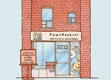 PawsNatural Pet Store, Toronto, Ontario showcasing grooming services with animal cutouts in the window.