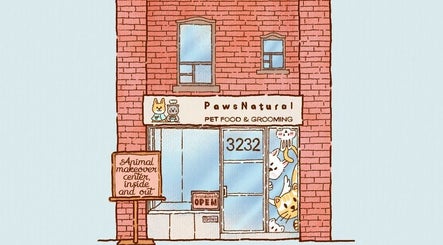 PawsNatural Pet Store, Toronto, Ontario showcasing grooming services with animal cutouts in the window.
