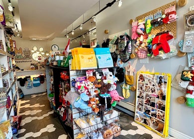 Colorful pet supplies aisle in PawsNatural Pet Store, Toronto, Ontario, CA showcasing toys and treats.