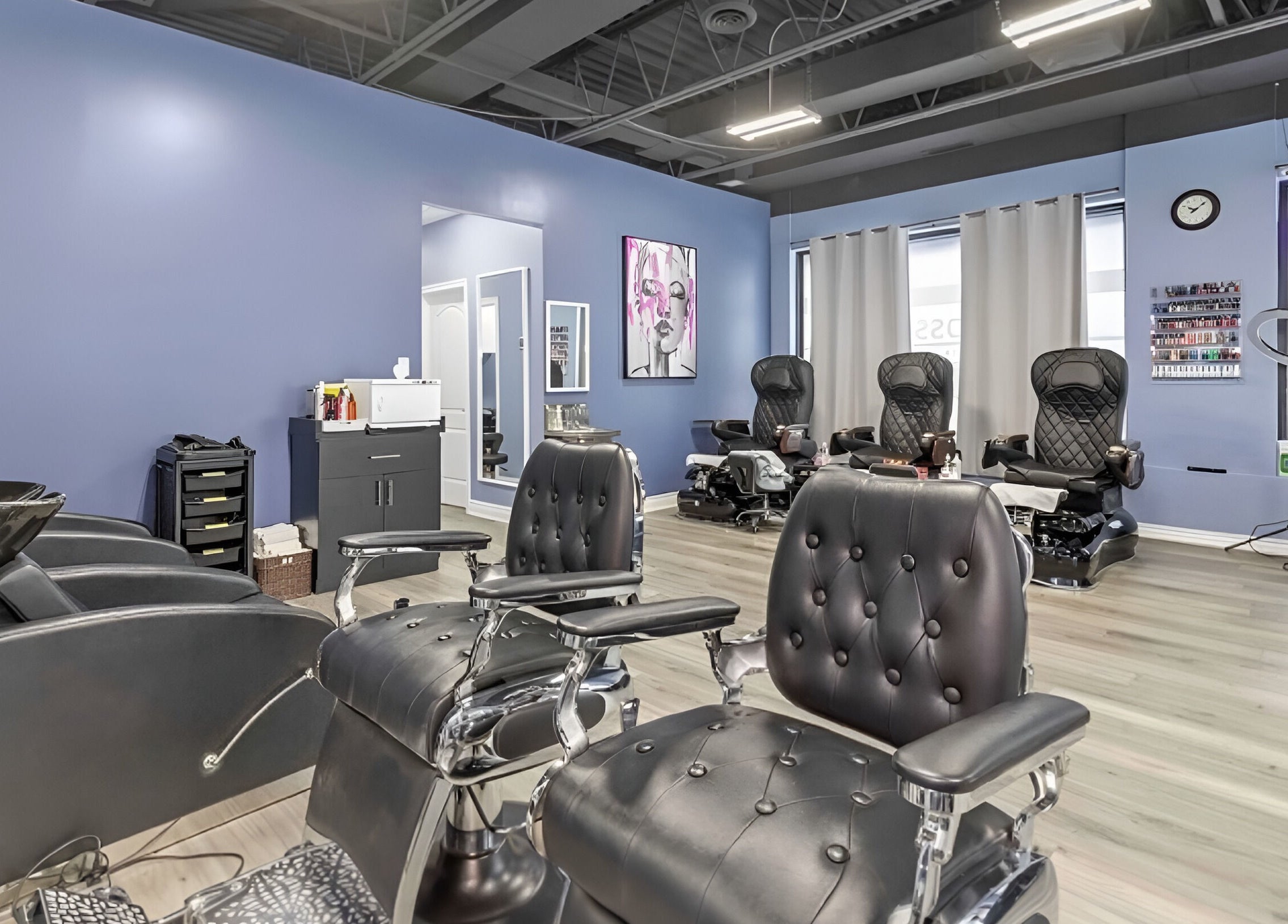 Luxe Salon & Spa interior with stylish chairs in Brampton, Ontario, CA.