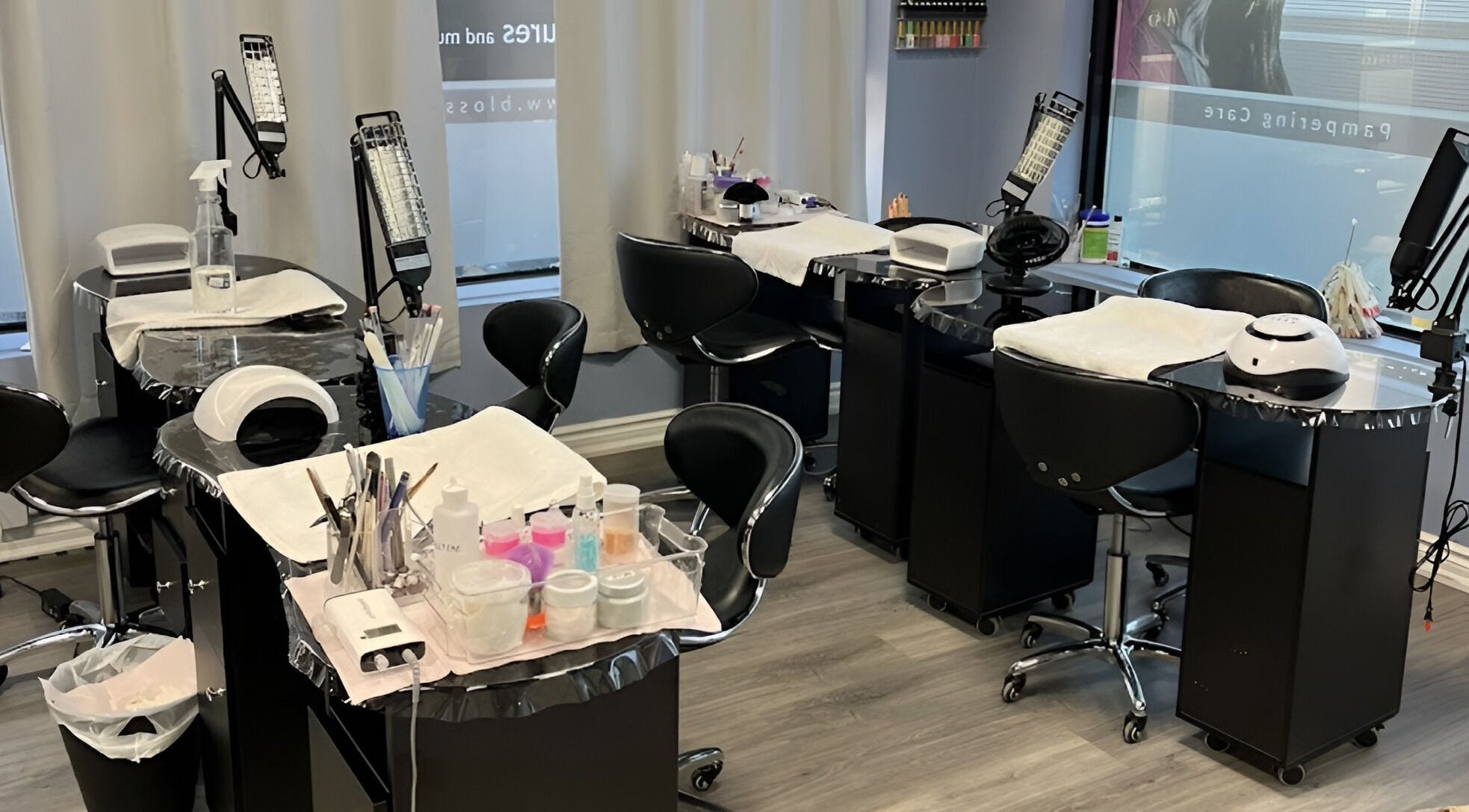 Modern nail stations at Luxe Salon & Spa in Brampton, Ontario, CA, showcasing a sleek, professional setup.