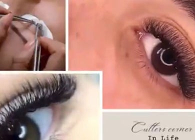 Detailed eyelash extension process at Cutters Corner, Foley, Alabama, US.