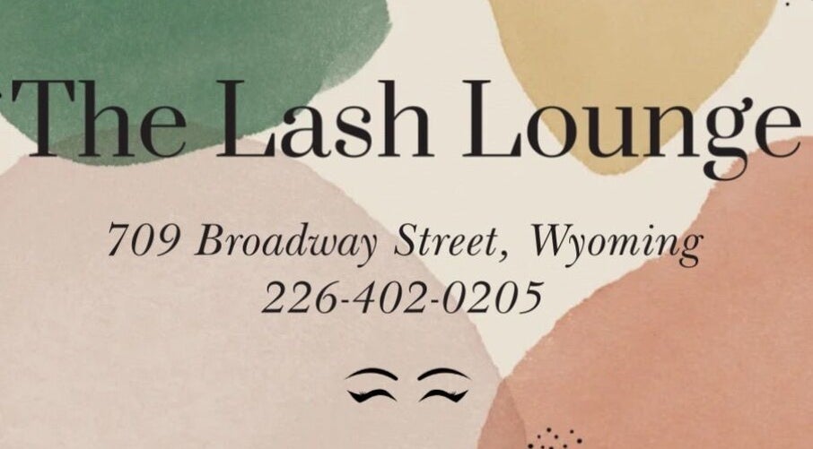 The Lash Lounge sign with address in Wyoming, Ontario, CA, showcasing contact details.
