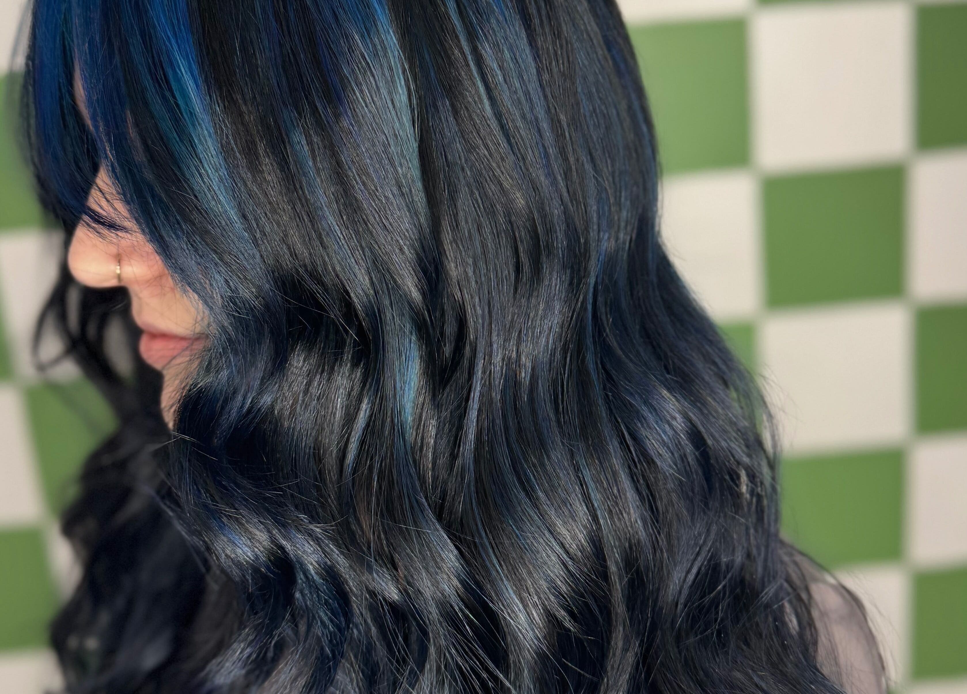 Stylish blue-black wavy hairstyle at Hair Senpai, Campbelltown, New South Wales, AU.