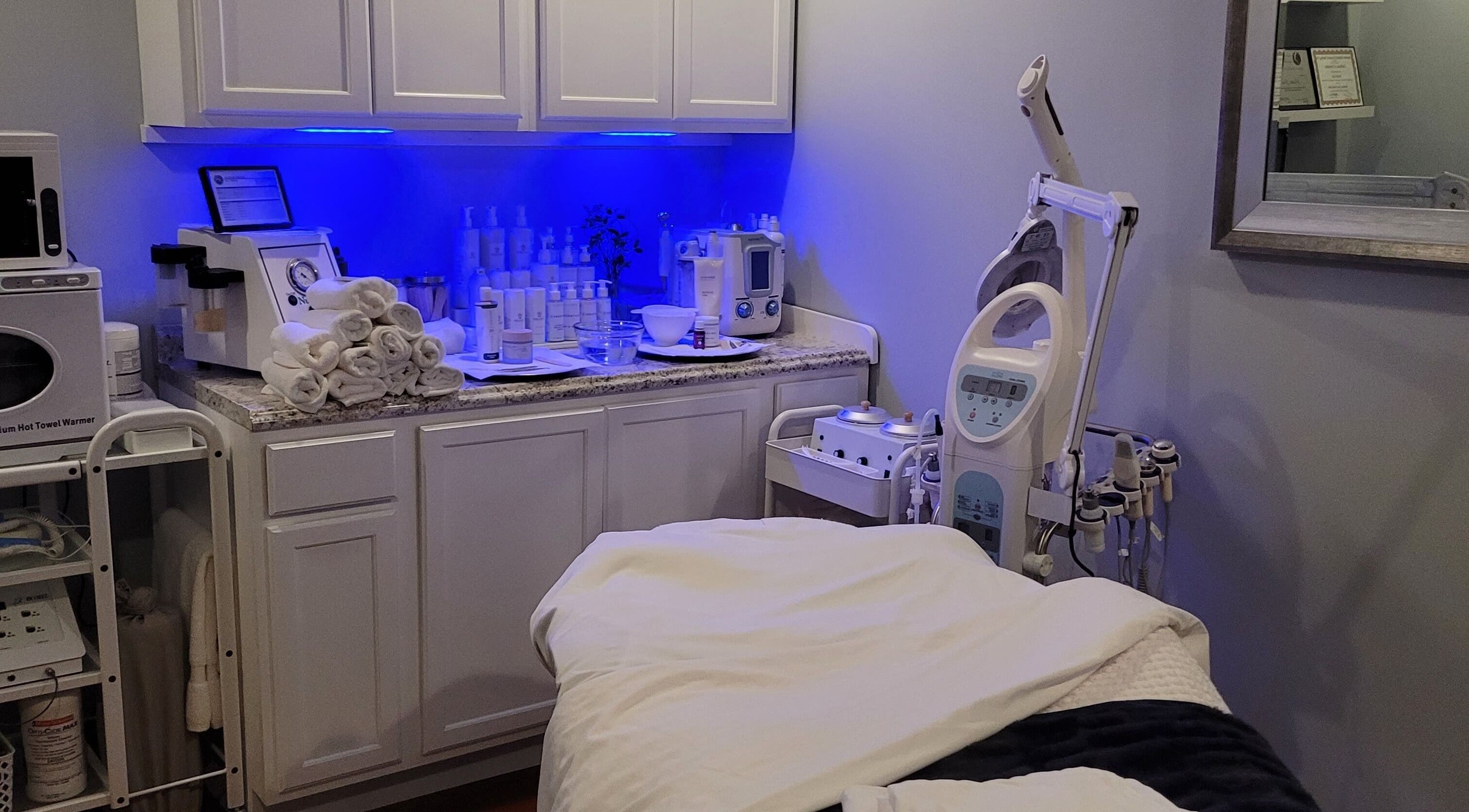 Luxury treatment room at Skinology, featuring advanced spa equipment in Kokomo, Indiana, US.
