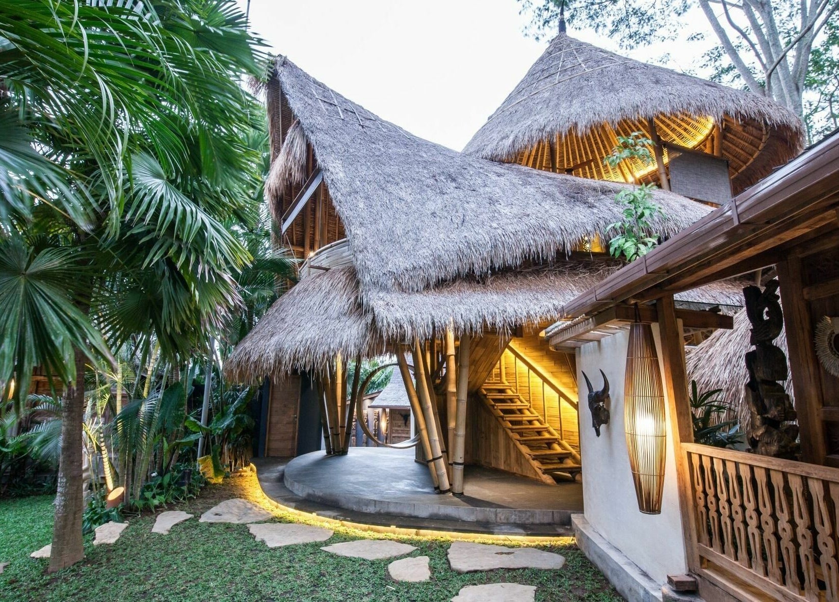 Unique bamboo architecture at Flying Bamboo Spa in Bali, Bali, ID, set amidst lush greenery and exotic design.