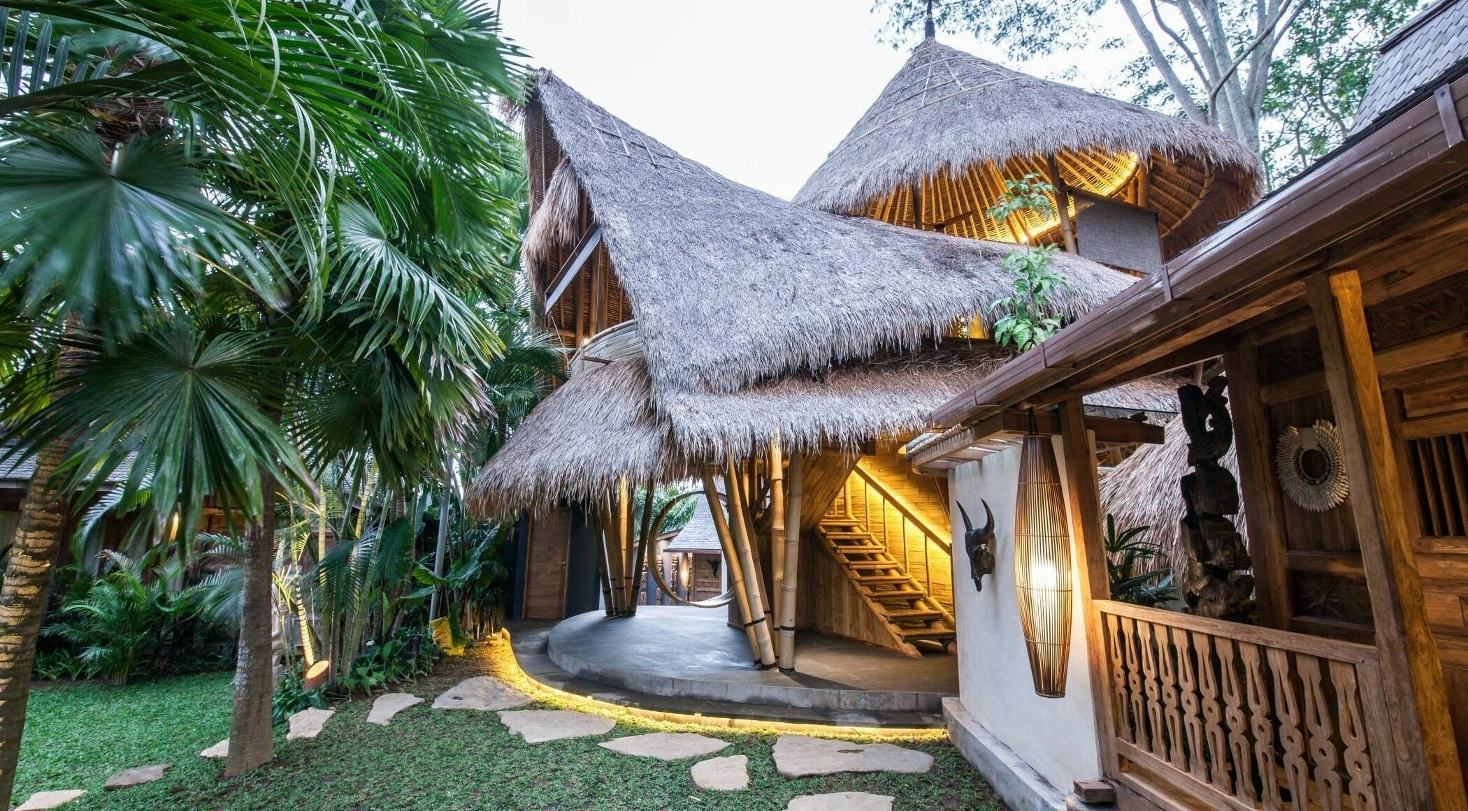Unique bamboo architecture at Flying Bamboo Spa in Bali, Bali, ID, set amidst lush greenery and exotic design.