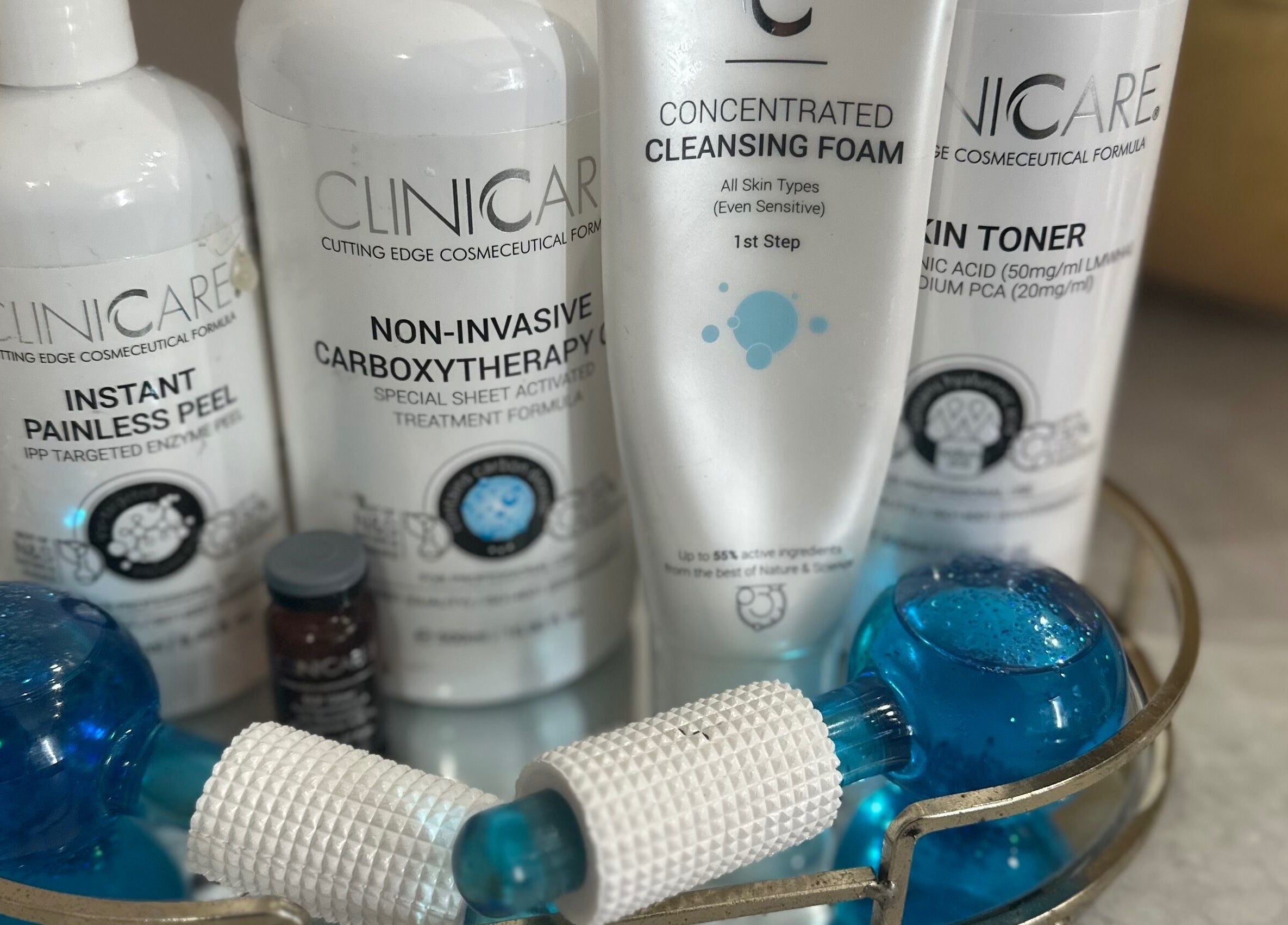 High-end skincare products at The Skin Chalet, Headley, England, GB, showcasing Cliniccare beauty essentials.