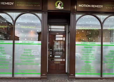 Front view of Motion Remedy, a beauty and wellness venue in Hornchurch, England, GB, showcasing treatment options.