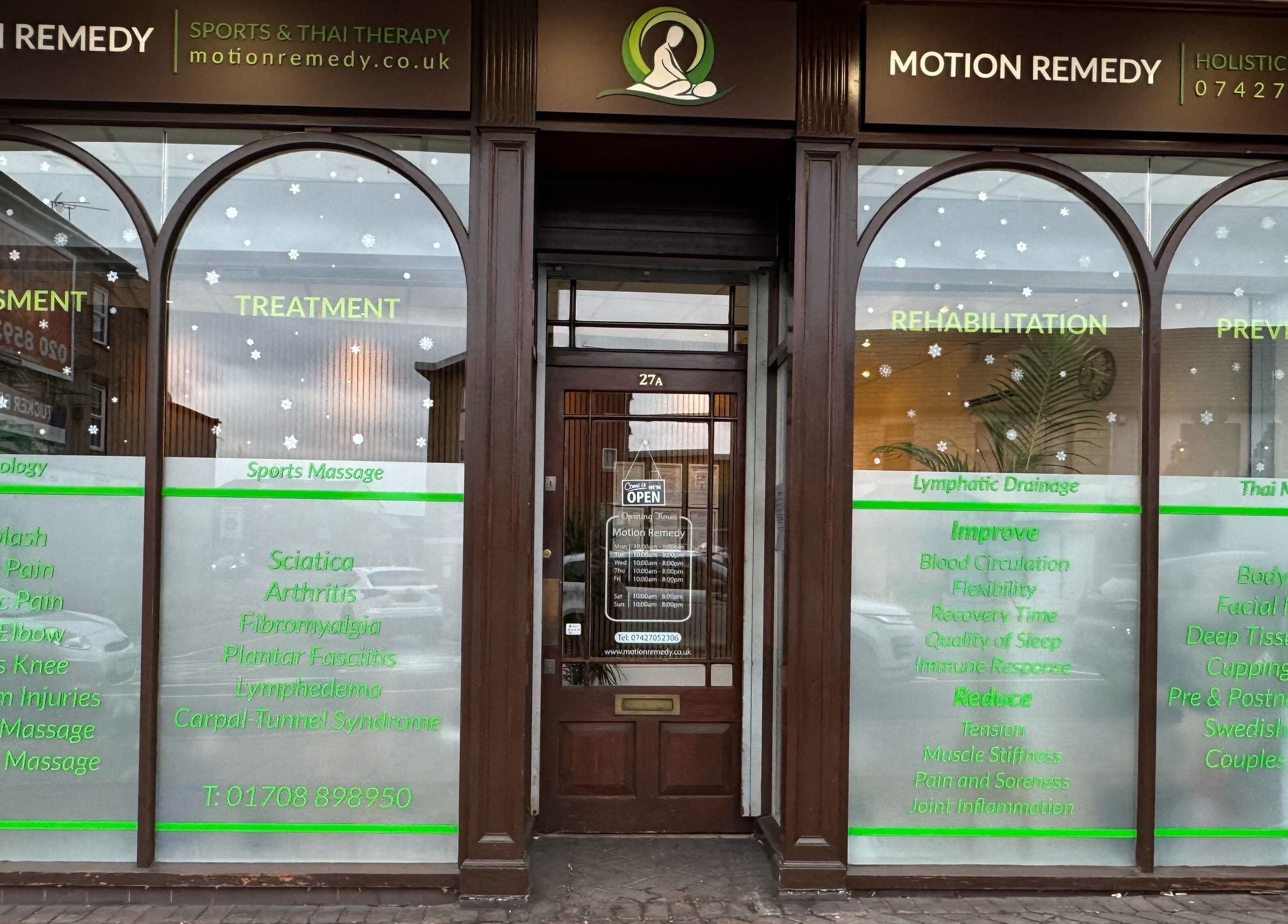 Front view of Motion Remedy, a beauty and wellness venue in Hornchurch, England, GB, showcasing treatment options.