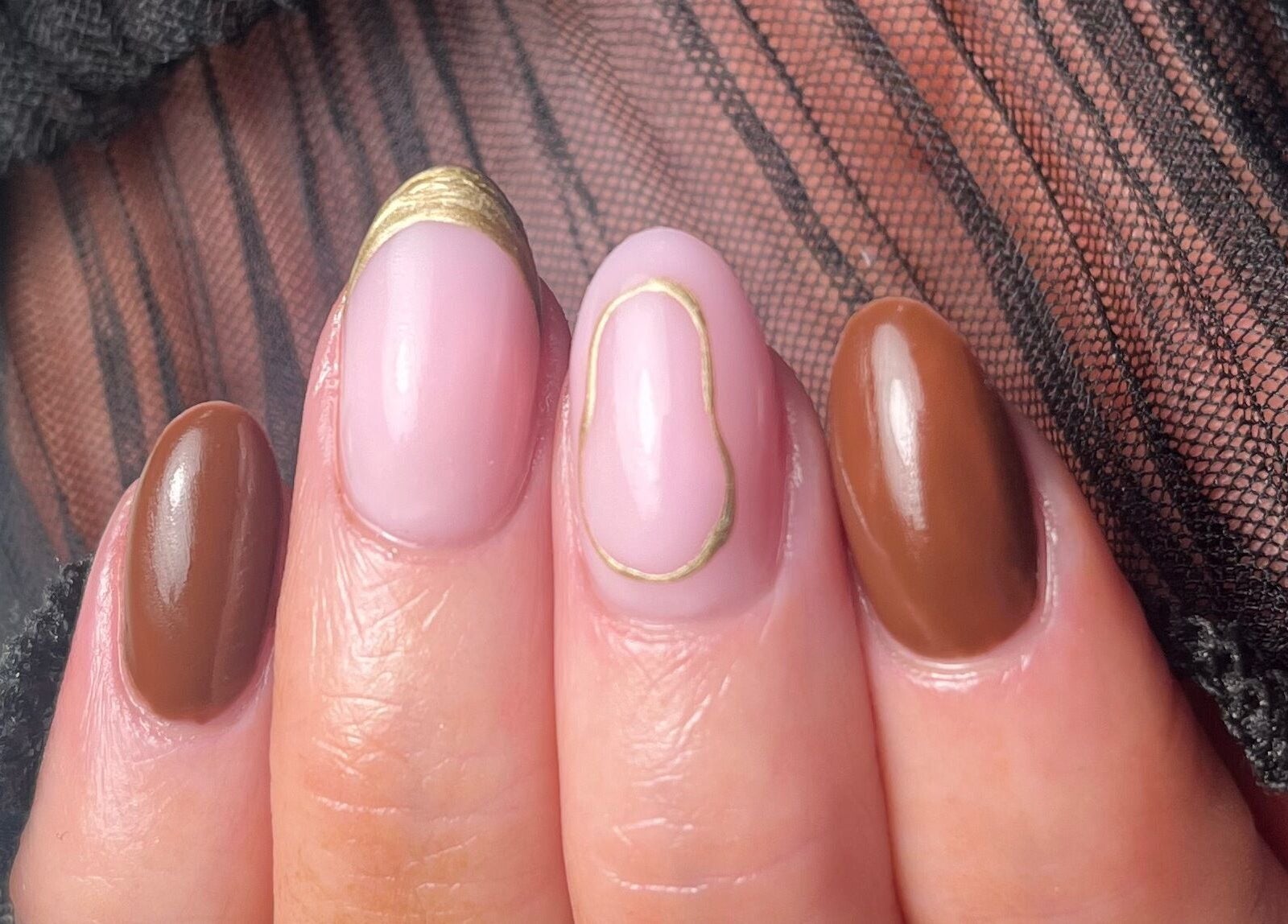 Elegant manicure with brown and pink nails at By Orla Nails & Beauty, Boyle, County Roscommon, IE.