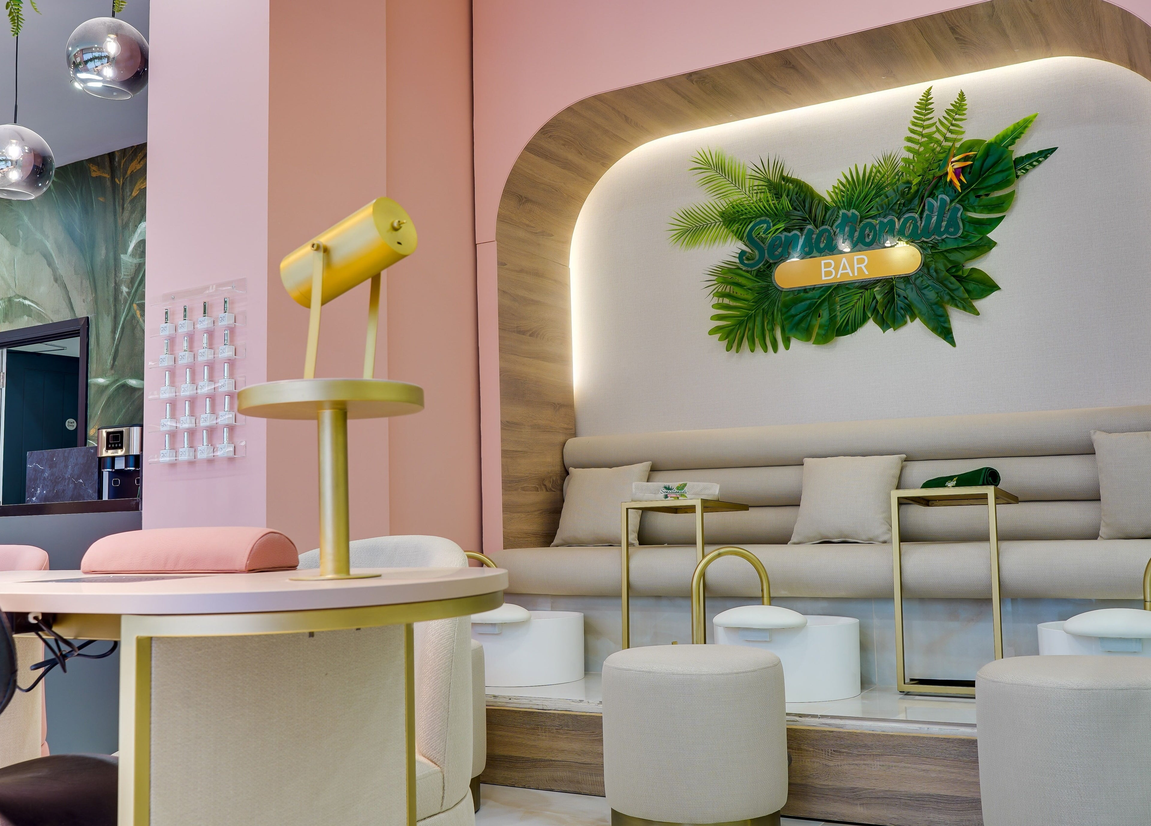 Sensationails Bar's elegant interior with pastel decor in London, England, GB, offering a calming beauty experience.