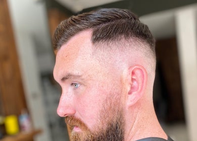Close-up of a stylish fade haircut at Marcushampton_hair in Glasgow, Scotland, GB.