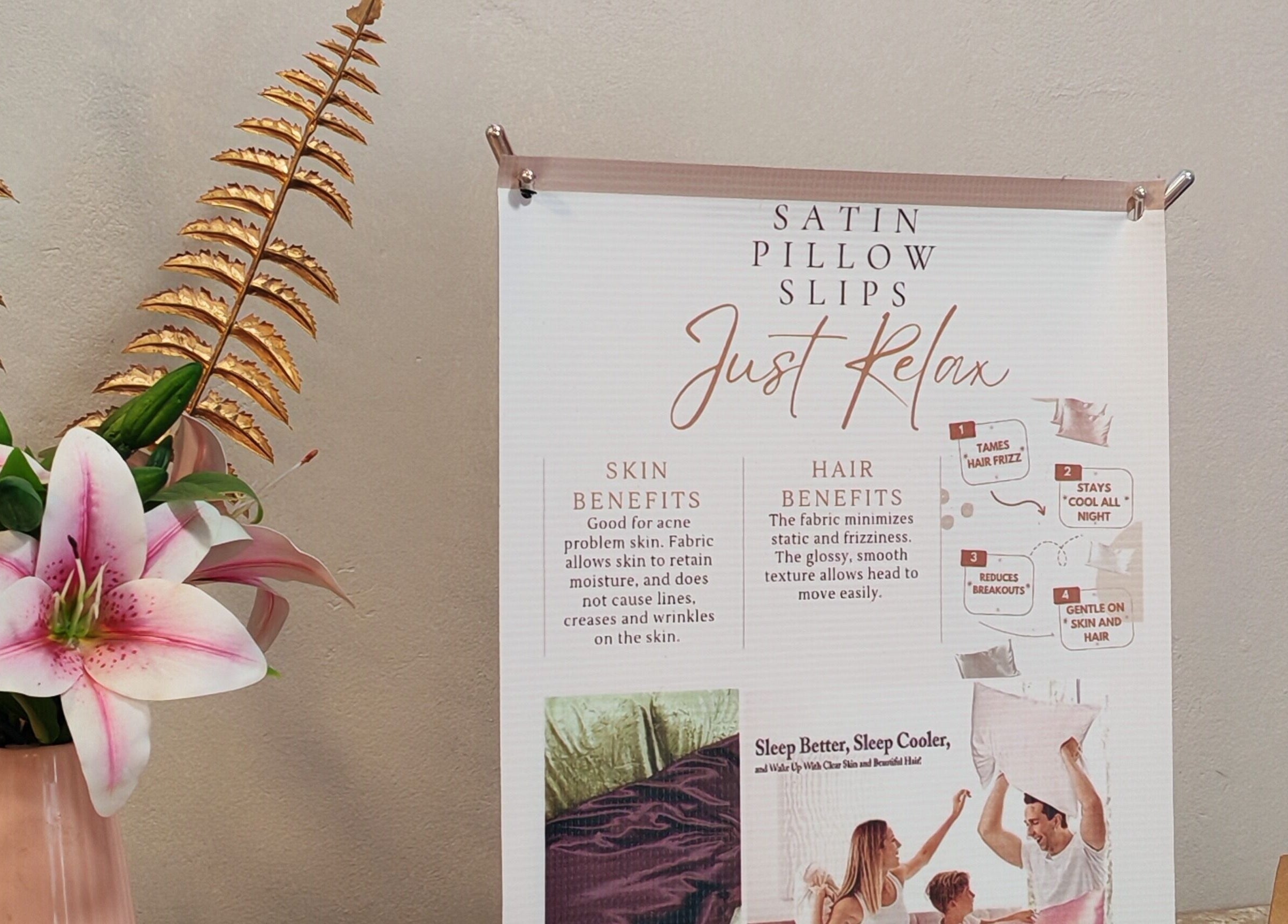 Elegant satin pillow slips display at Just Relax, Gqeberha, Eastern Cape, ZA, featuring floral decor.