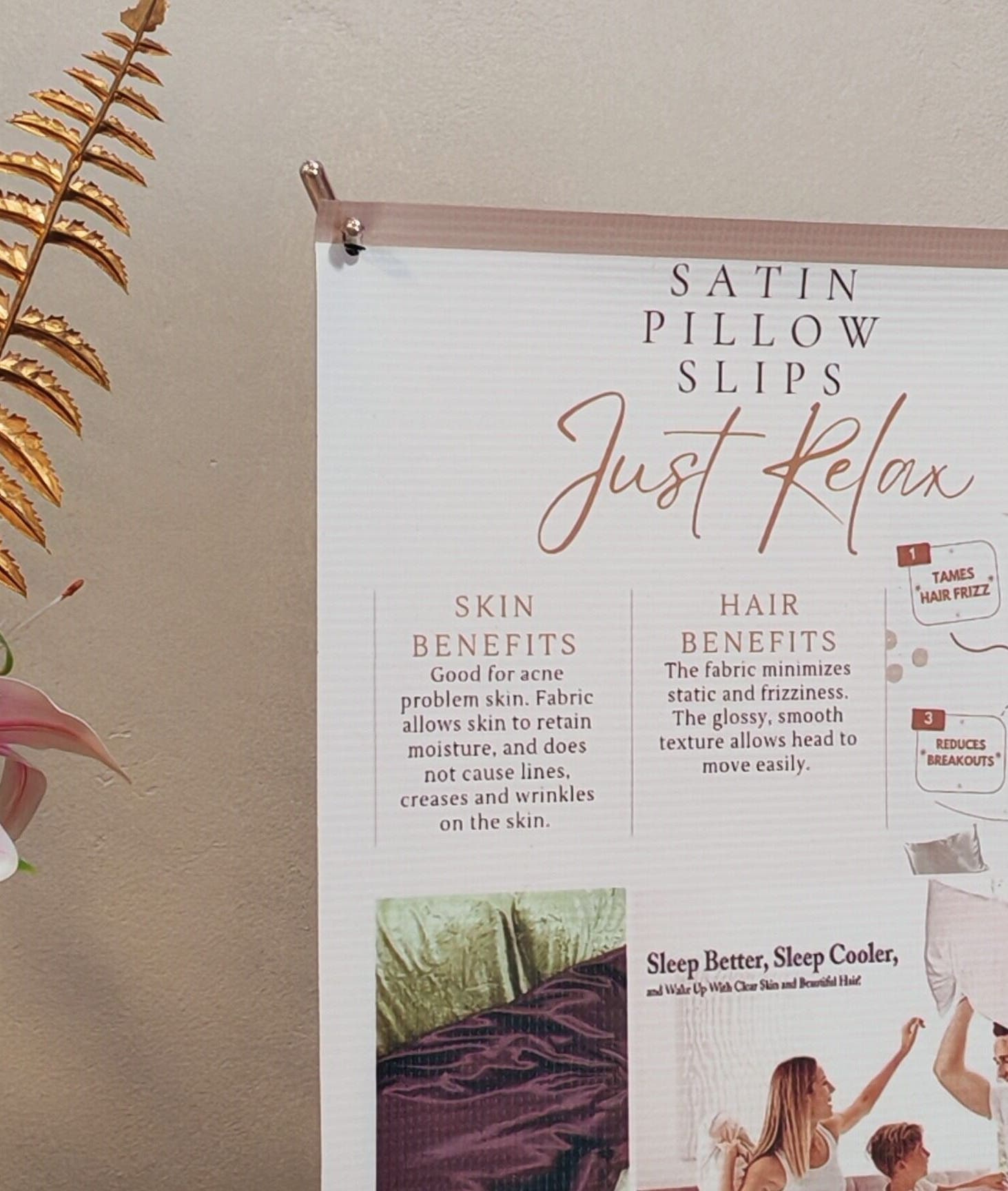 Elegant satin pillow slips display at Just Relax, Gqeberha, Eastern Cape, ZA, featuring floral decor.