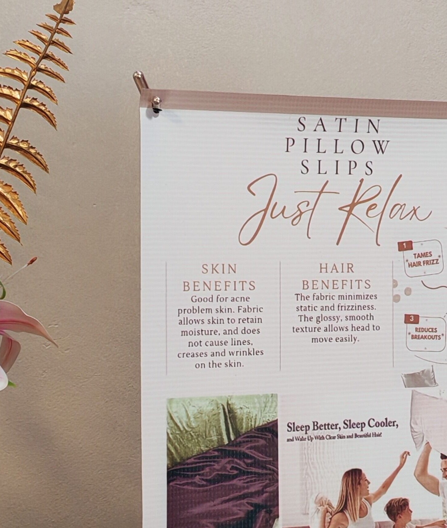 Elegant satin pillow slips display at Just Relax, Gqeberha, Eastern Cape, ZA, featuring floral decor.