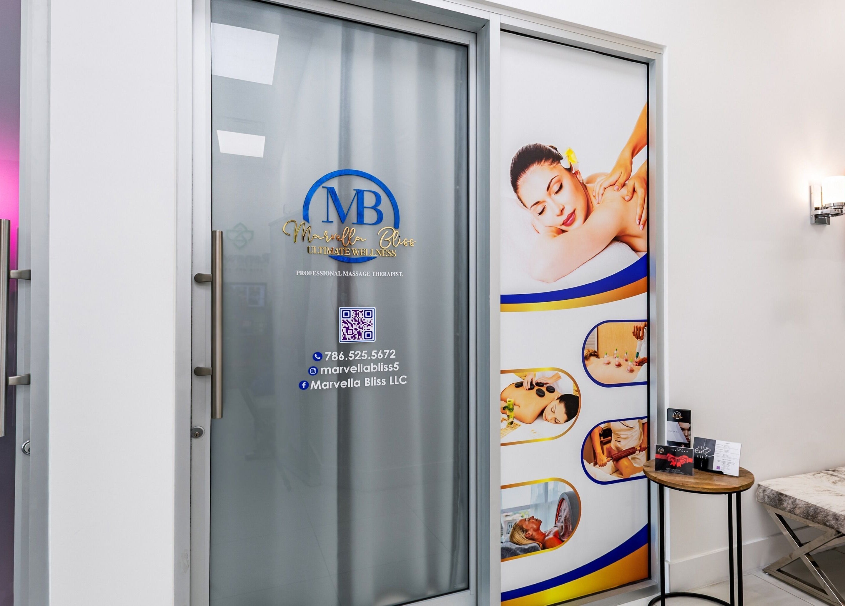 Entrance to Marvella Bliss in Pembroke Pines, Florida, US showcasing serene spa ambiance.