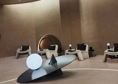 Chic modern lounge at Stellar Salon, Riyadh, SA featuring plush seating and ambient lighting.