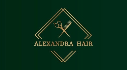 Elegant logo of Alexandra Hair salon, Hucknall, England, GB featuring golden scissors and comb design.