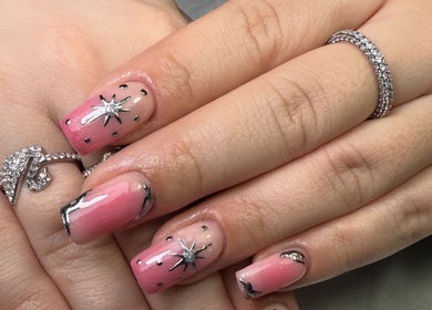 Pink starry nail art set at Glamorous Nails & Lashes, Peterborough, England, GB.