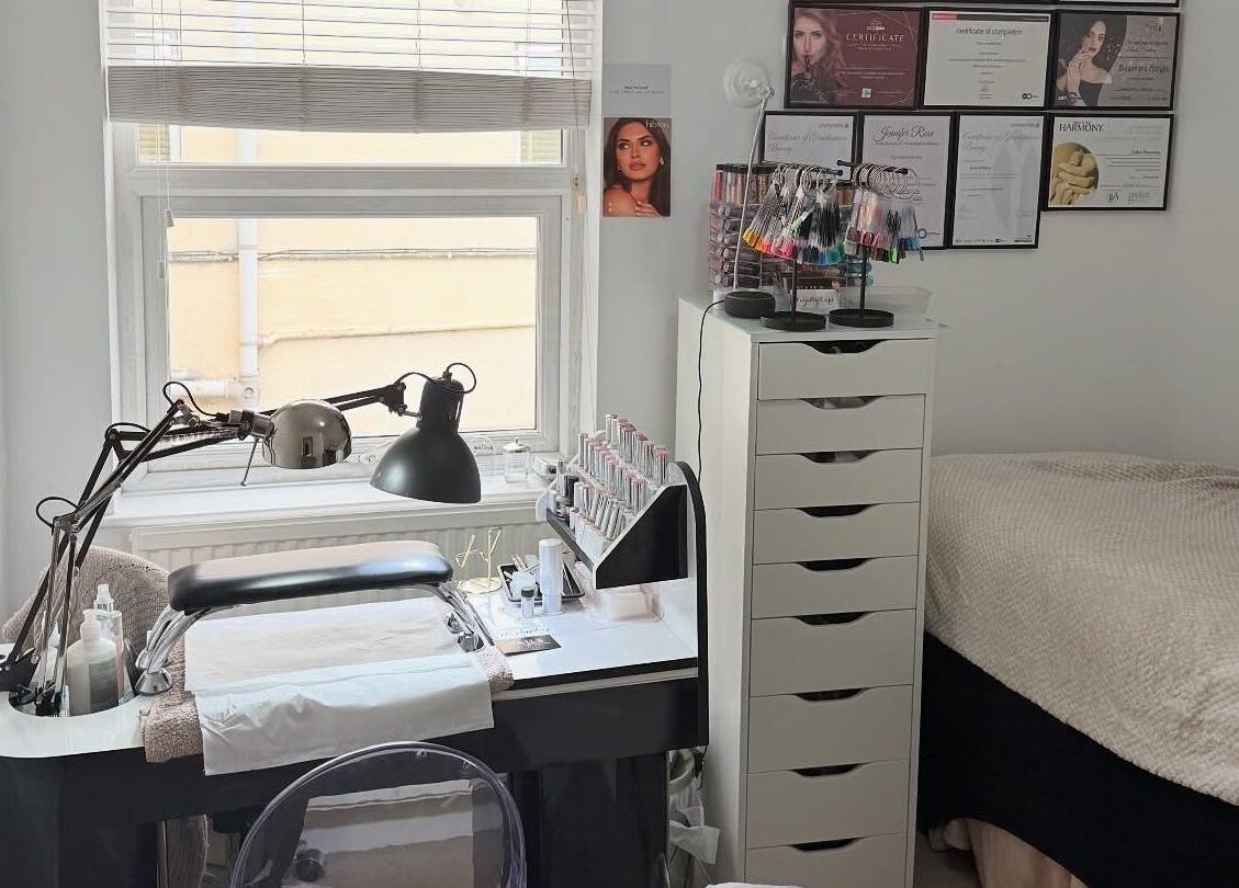 Cozy nail spa setup at Glamorous Nails & Lashes, Peterborough, England, GB, featuring manicure tools.