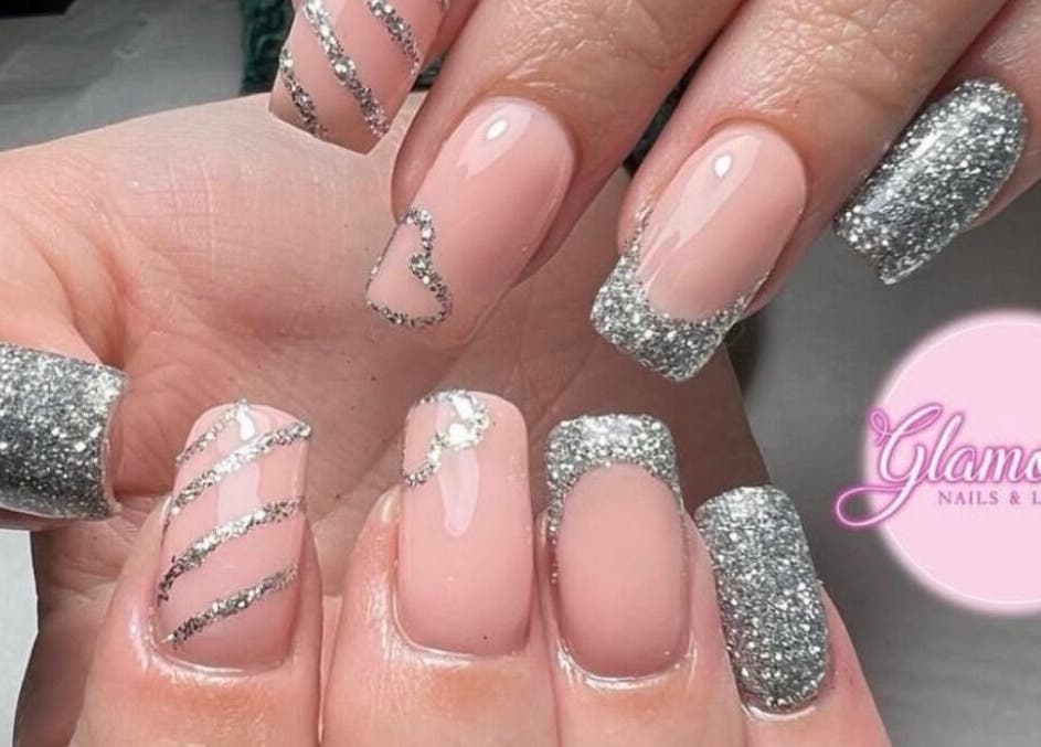 Silver glitter nails at Glamorous Nails & Lashes, Peterborough, England, GB. Stunning and elegant design.