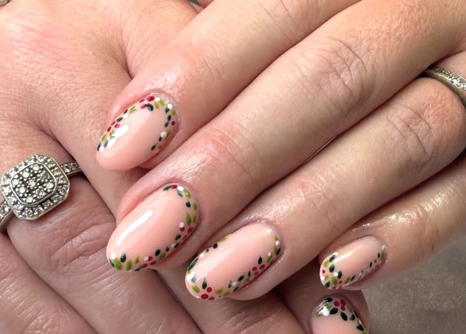 Elegant floral nail art at Glamorous Nails & Lashes, Peterborough, England, GB.