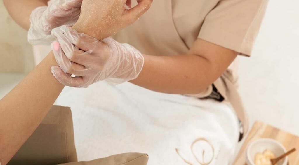 Exquisite hand exfoliation treatment at Glo Spa & Salon, Al Khobar, Eastern Province, SA.