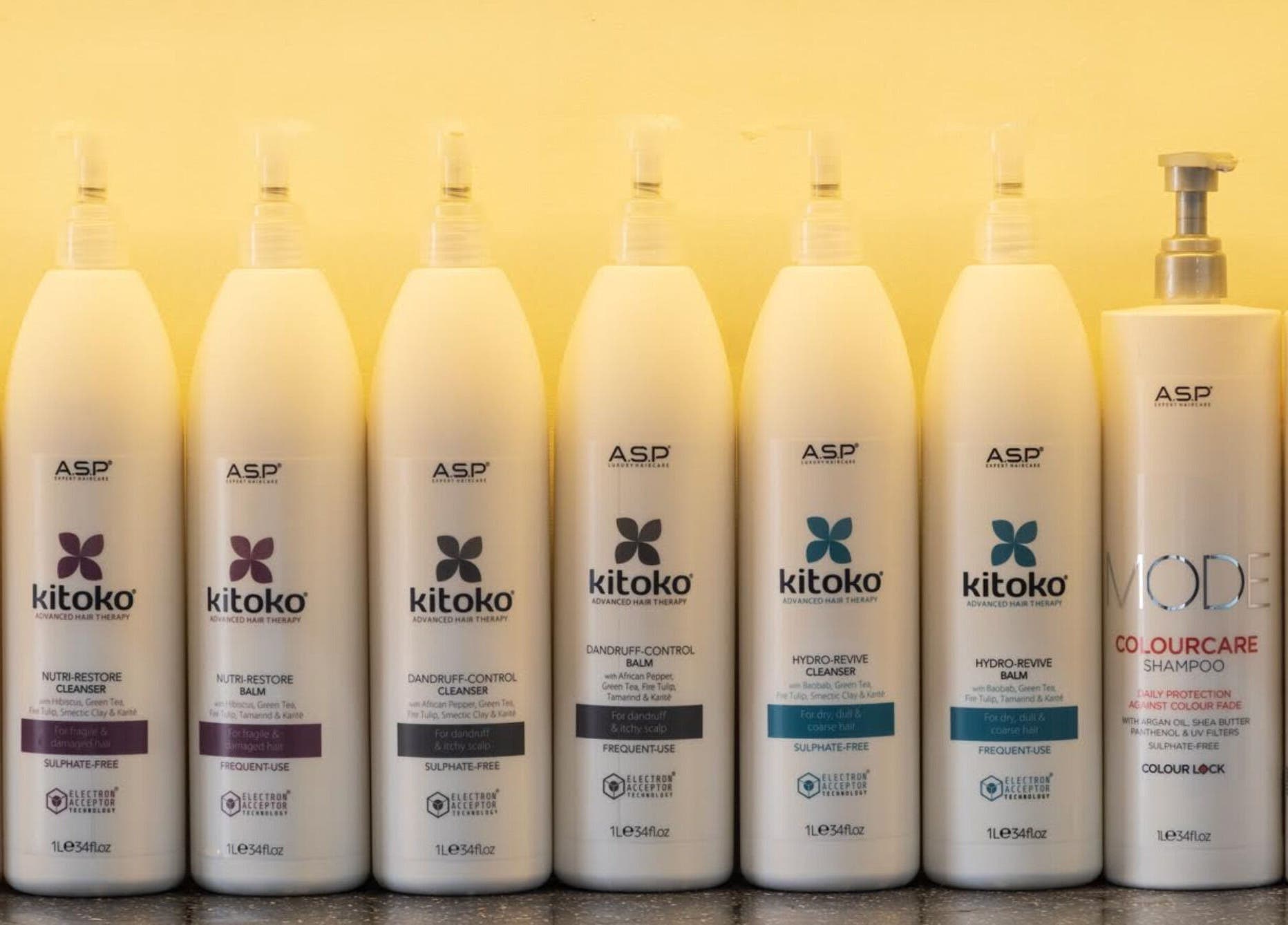 Kitoko products at Hideaway Hair Salon, Park Gate, England, GB, showcasing premium hair care lineup.