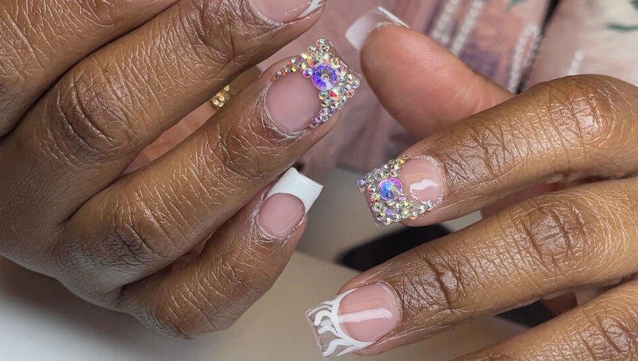 Intricate nail art with gems by Christals Acrylix at Pretty High Maintenance Day Spa, Simpsonville, South Carolina, US.
