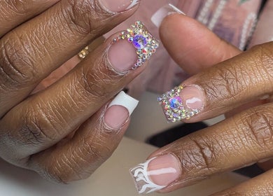 Intricate nail art with gems by Christals Acrylix at Pretty High Maintenance Day Spa, Simpsonville, South Carolina, US.