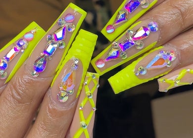 Neon jeweled nails designed at Christals Acrylix, Pretty High Maintenance Day Spa, Simpsonville, South Carolina, US.