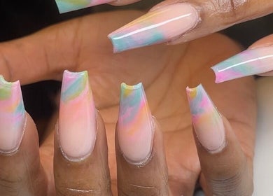 Colorful acrylic nails at Christals Acrylix, Pretty High Maintenance Day Spa in Simpsonville, South Carolina, US.