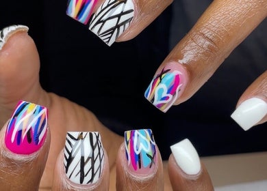 Stylish and colorful nail art by Christals Acrylix at Pretty High Maintenance Day Spa, Simpsonville, South Carolina, US.
