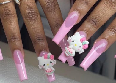 Pink Hello Kitty themed nail art by Christals Acrylix at Pretty High Maintenance Day Spa, Simpsonville, South Carolina, US.