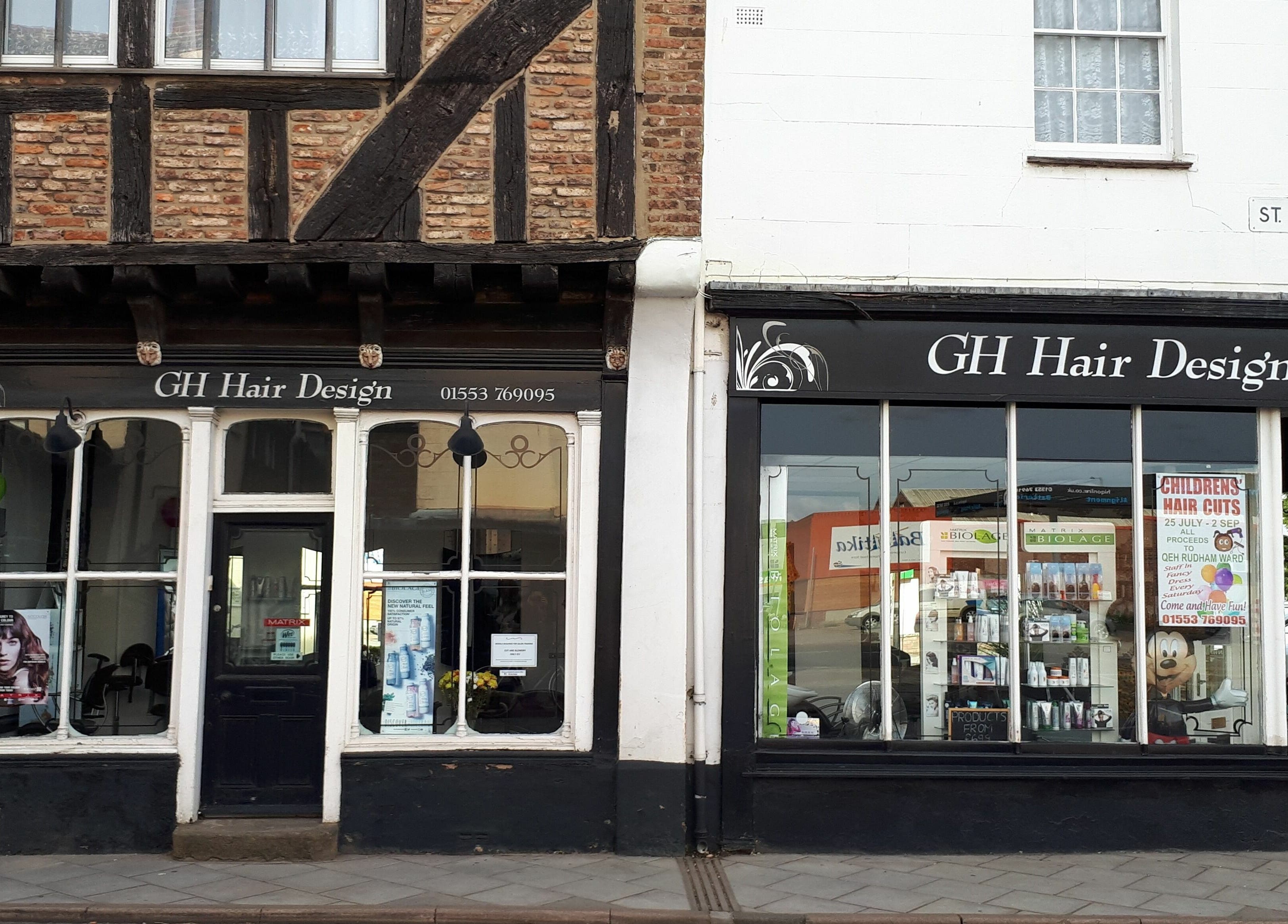 Front exterior of GH Hair Design in King's Lynn, England, GB. Showcases the welcoming salon entrance.