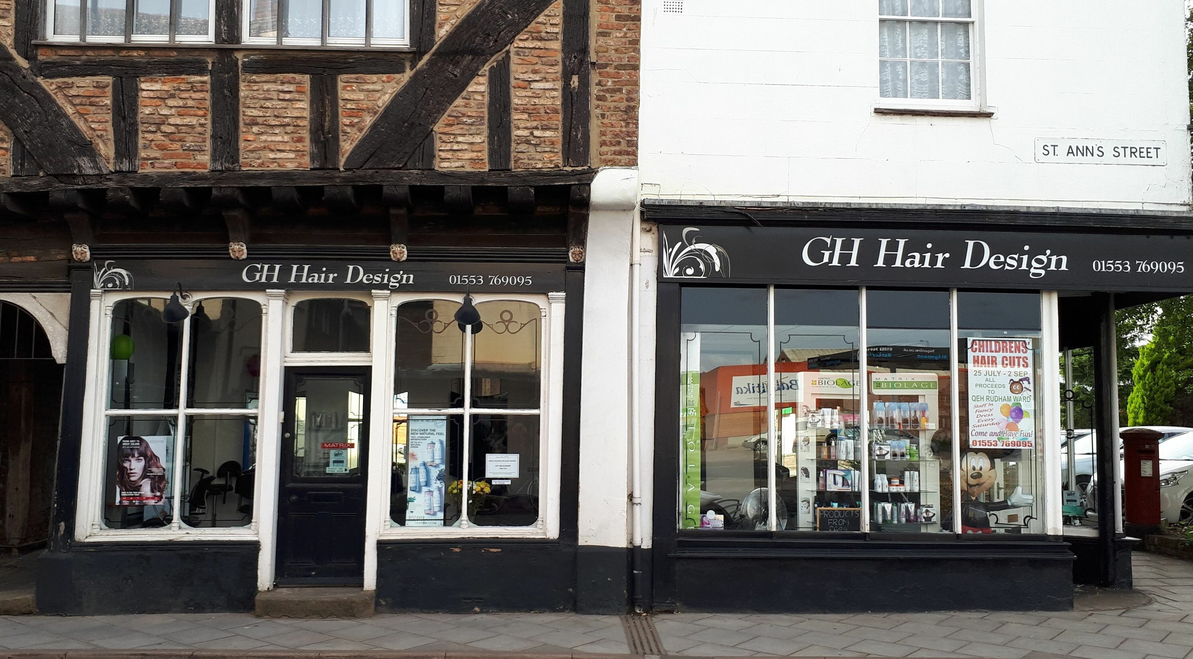 Front exterior of GH Hair Design in King's Lynn, England, GB. Showcases the welcoming salon entrance.
