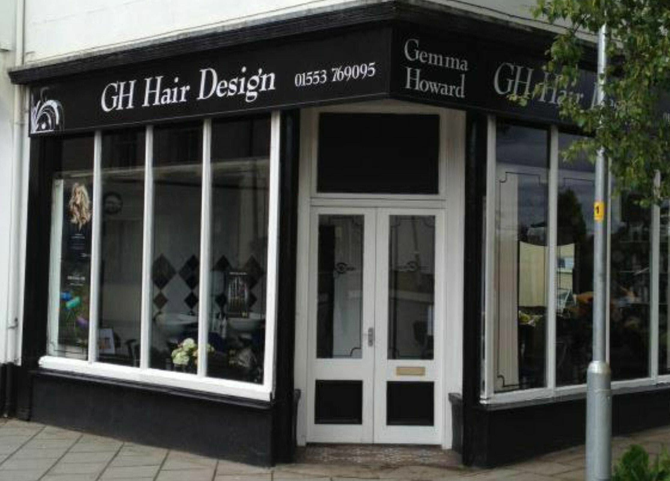 Front view of GH Hair Design salon in King's Lynn, England, GB showcasing its modern exterior.