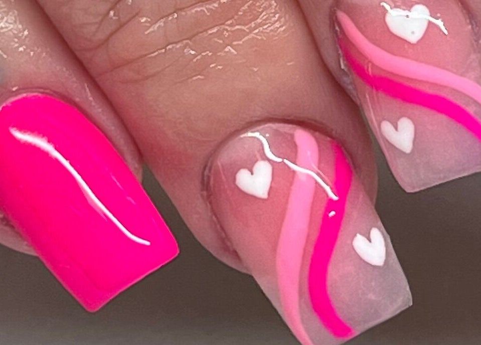 Close-up of heart-streaked acrylic nails at Nails by Amy McDonald, Kirkcaldy, Scotland, GB.
