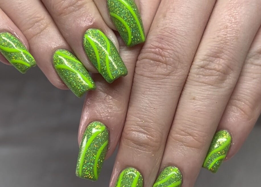 Lime green glitter nails with vibrant swirls at Nails by Amy McDonald, Kirkcaldy, Scotland, GB.