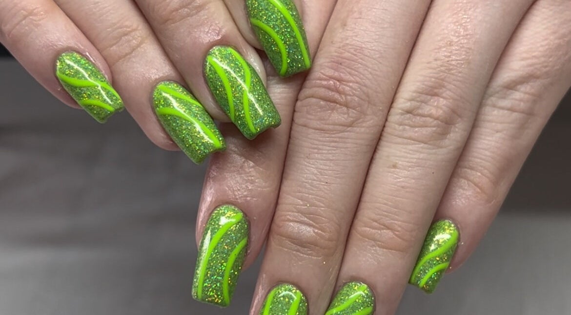 Lime green glitter nails with vibrant swirls at Nails by Amy McDonald, Kirkcaldy, Scotland, GB.