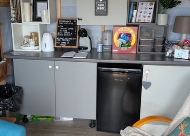 Refreshment area at Antrim Pet Services in Antrim, Northern Ireland, GB featuring snacks and beverages.