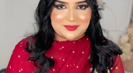 Woman in red saree with makeup at Niloofar Beauty, Cannington, Western Australia, AU.