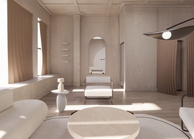 Elegant lounge area at HELA Skincare- Midtown, New York, New York, US with modern decor and soft lighting.