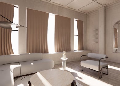 Elegant minimalist lounge at HELA Skincare- Midtown, New York, featuring soft seating and natural light.
