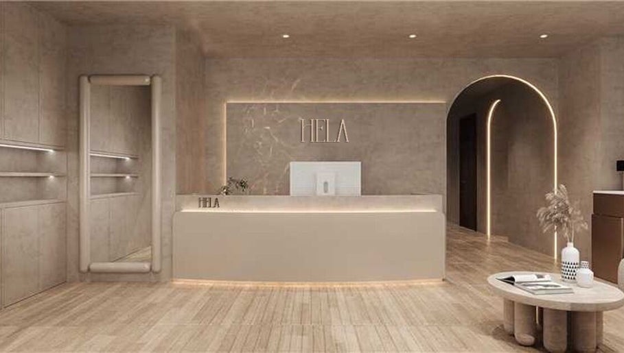 Sleek reception area of HELA Skincare- SoHo in New York, New York, US with modern decor and soft lighting.