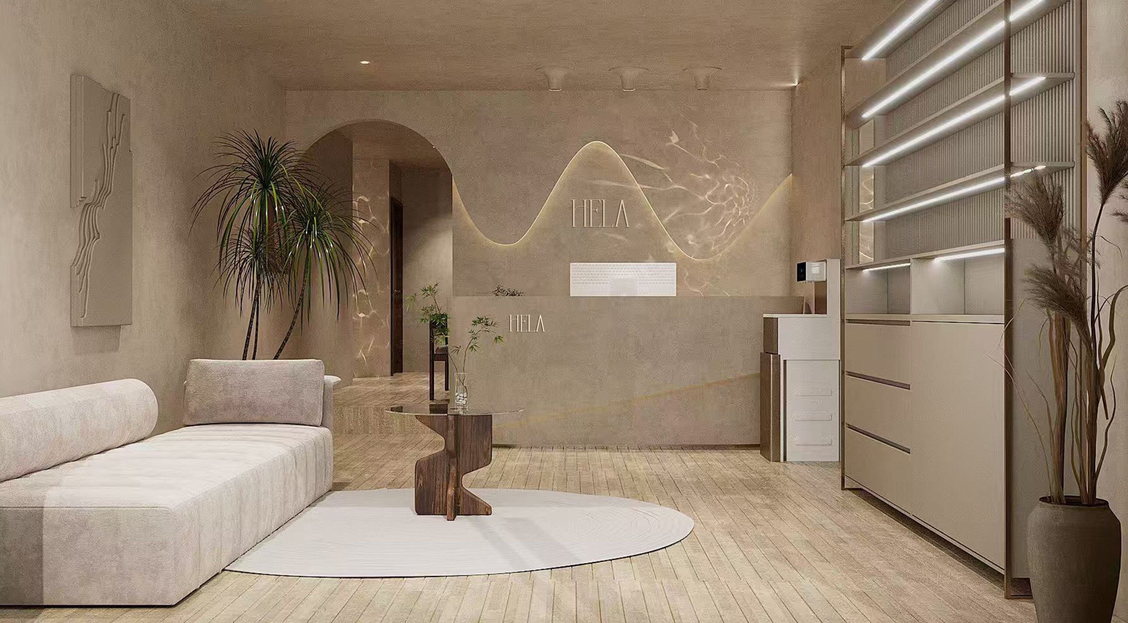 Elegant reception area at HELA Skincare- Flushing in New York, New York, US with modern decor and soft lighting.